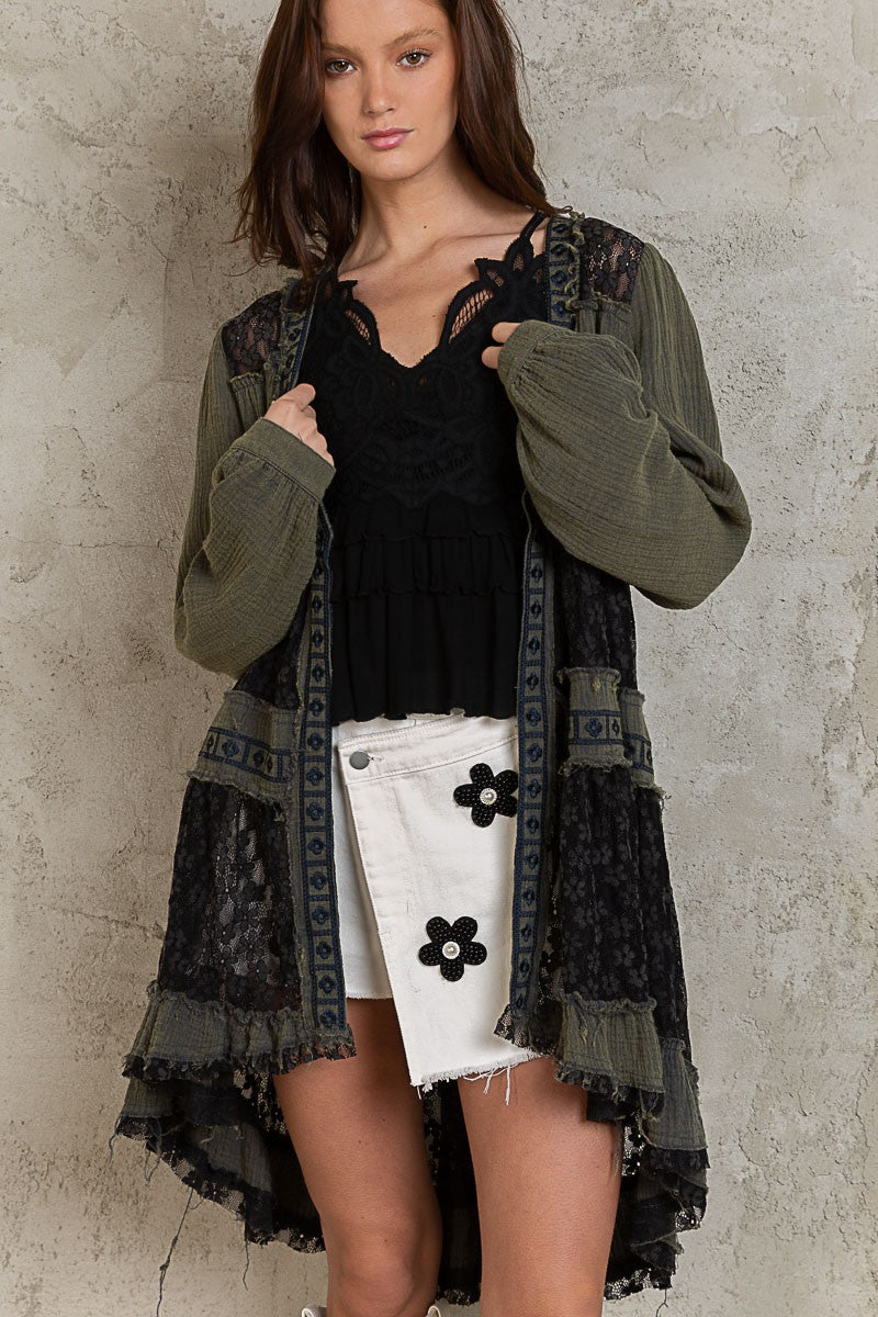 POL Cuff Sleeve Sheer Lace Panels Cardigan Top