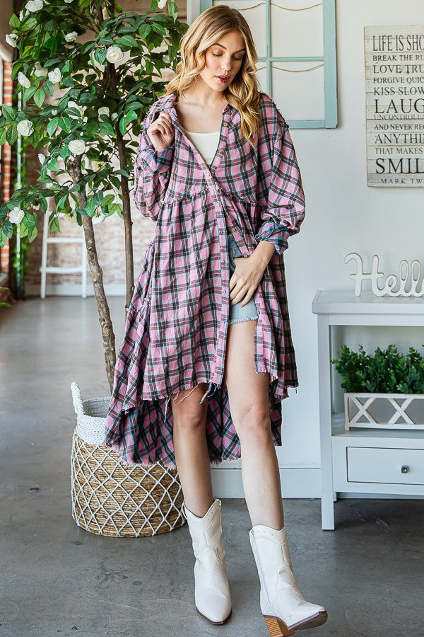 Oli & Hali Mineral Washed Back Tiered Check Plaid Tunic Top