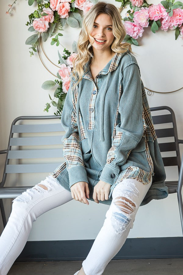 Oli & Hali Mineral Washed Plaid Contrast Waffle Hoodie Jacket