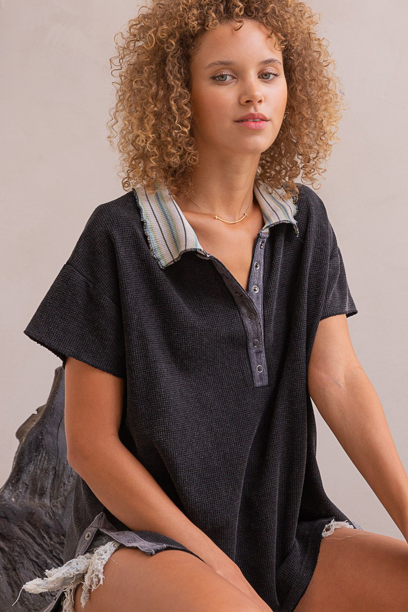 POL Casual Knit Half Sleeve Oversized Fit Side Slit Polo Top - Roulhac Fashion Boutique