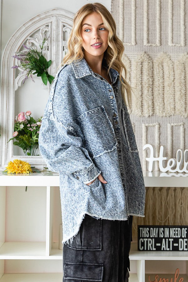 Oli & Hali Texture Denim Washed Oversize Shirts Jacket