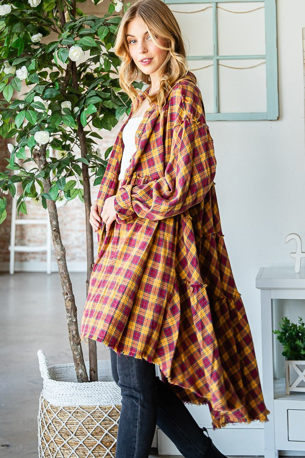 Oli & Hali Mineral Washed Back Tiered Check Plaid Tunic Top