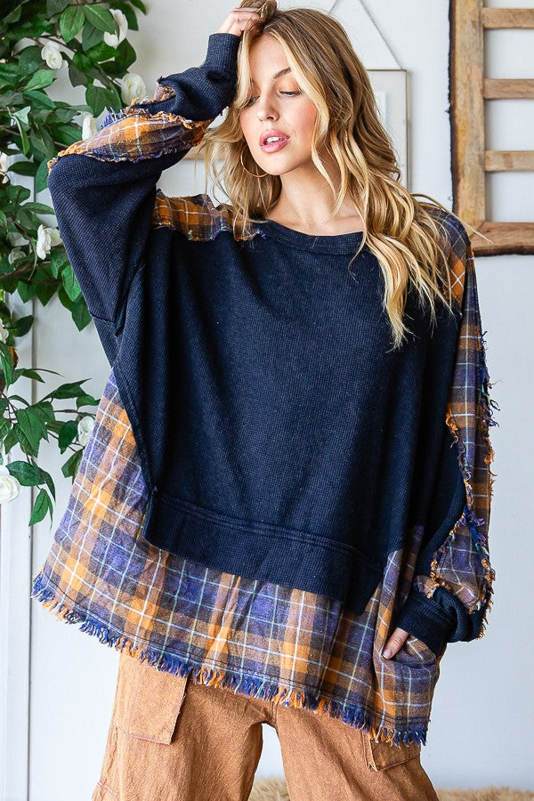 Oli & Hali Washed Long Sleeve Plaid Detail Top