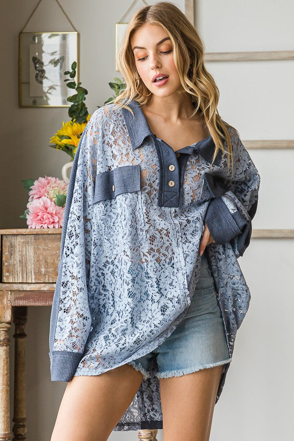 Oli & Hali Washed Lace Waffle Mixed Shirts Top