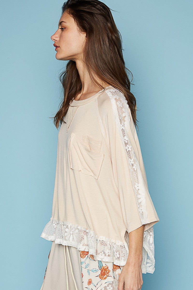 POL Oversize Round Neck Ruffle Hem Lace Knit Top