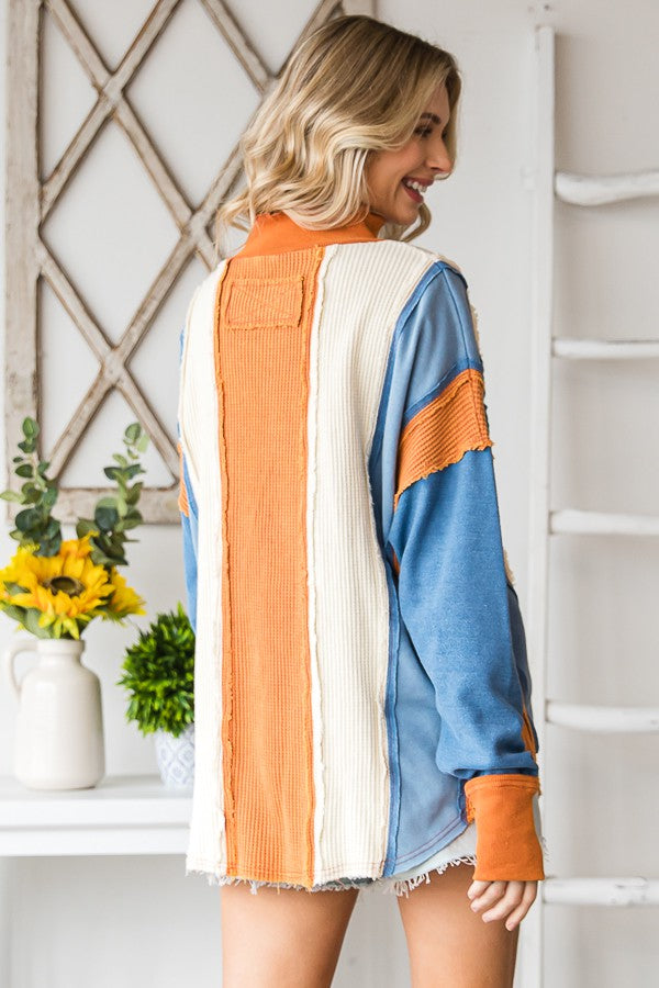 Oli & Hali Washed Fabric Mixed Long Sleeve Pullover Top