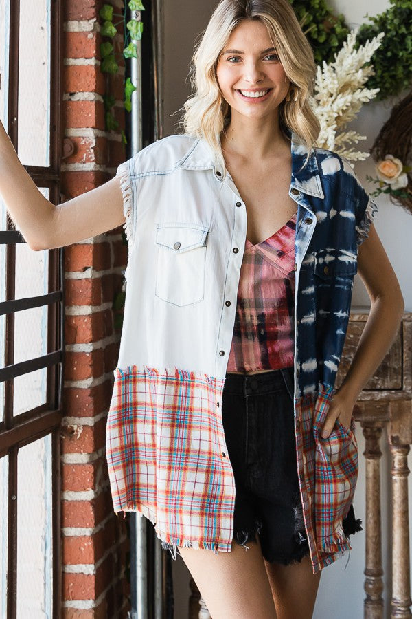 Oli & Hali Washed Denim Mix Plaid Sleeves Shirts Top