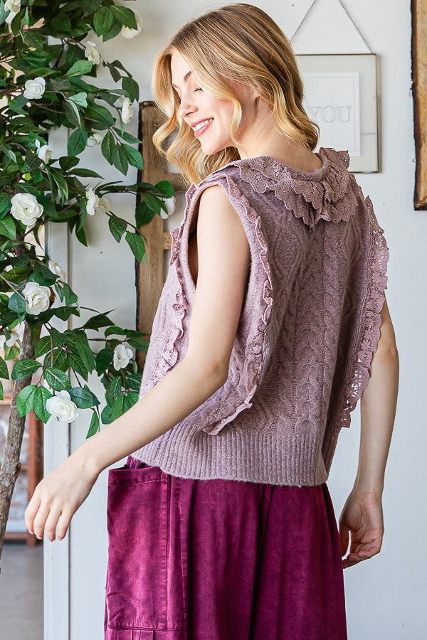 Oli & Hali Cable Knit Sweater Vest With Lace Trim Top