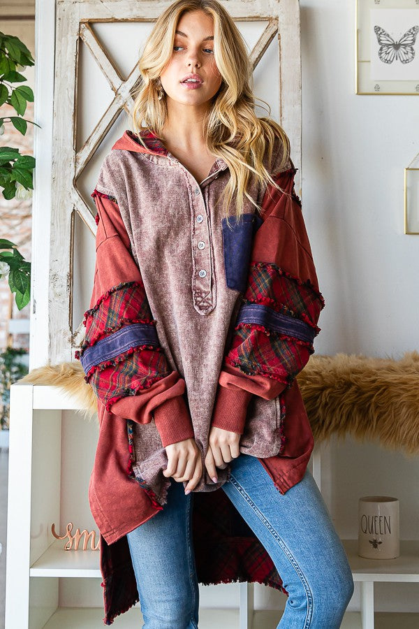 Oli & Hali Washed Fabric Mixed Oversized With Hoodie Top