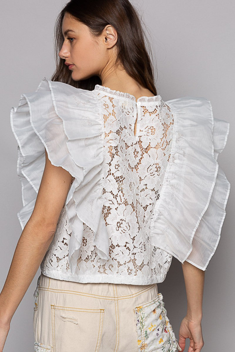POL Sleeveless Round Neck Chiffon Ruffle Lace Top