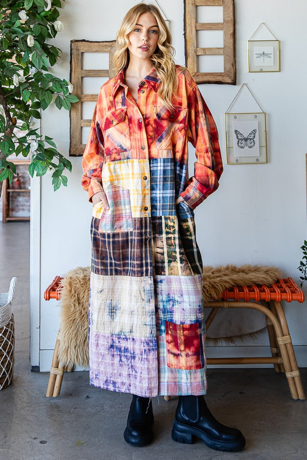 Oli & Hali Washed Plaid Mix Shirt Duster Jacket