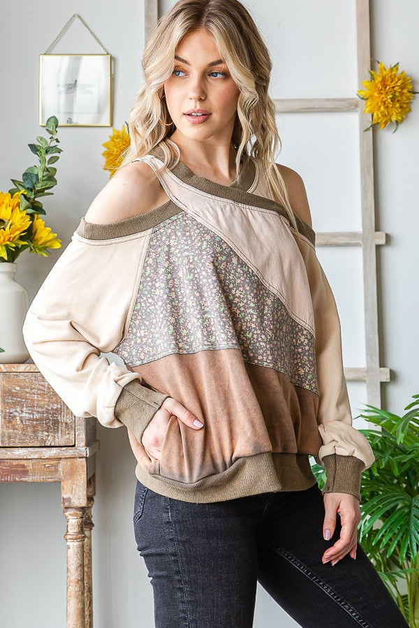 Oli & Hali Washed Fabric Mixed Cutout Shoulder Tunic Top