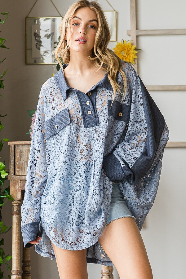 Oli & Hali Washed Lace Waffle Mixed Shirts Top