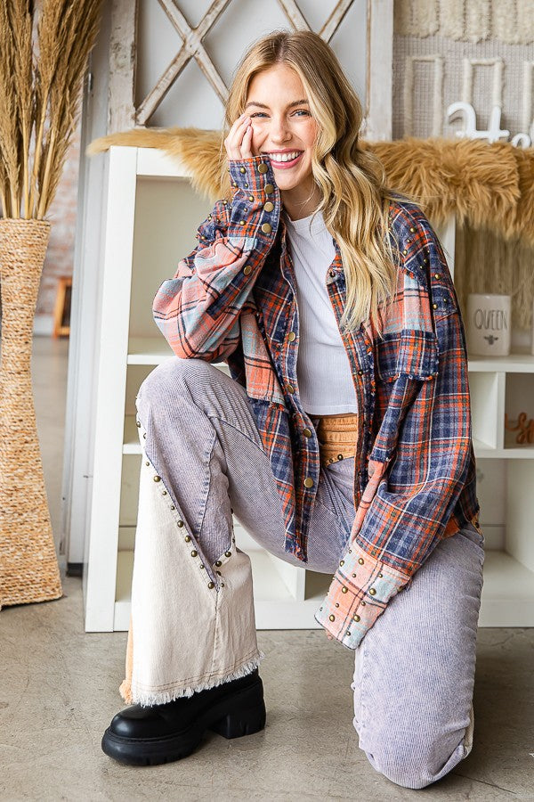 Oli & Hali Daisy Trimmed Washed Plaid Mixed Shirt Top