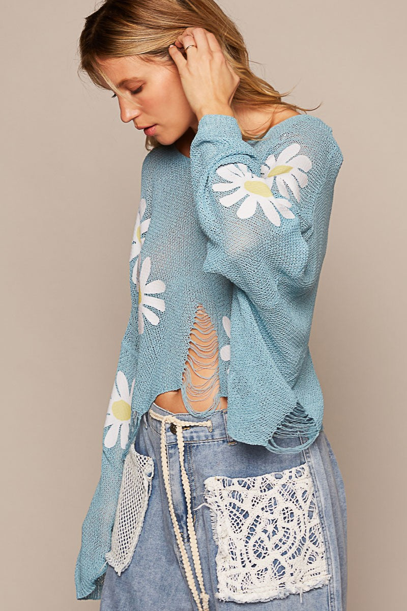 POL Long Sleeve Distress Flower Patches Pullover Top