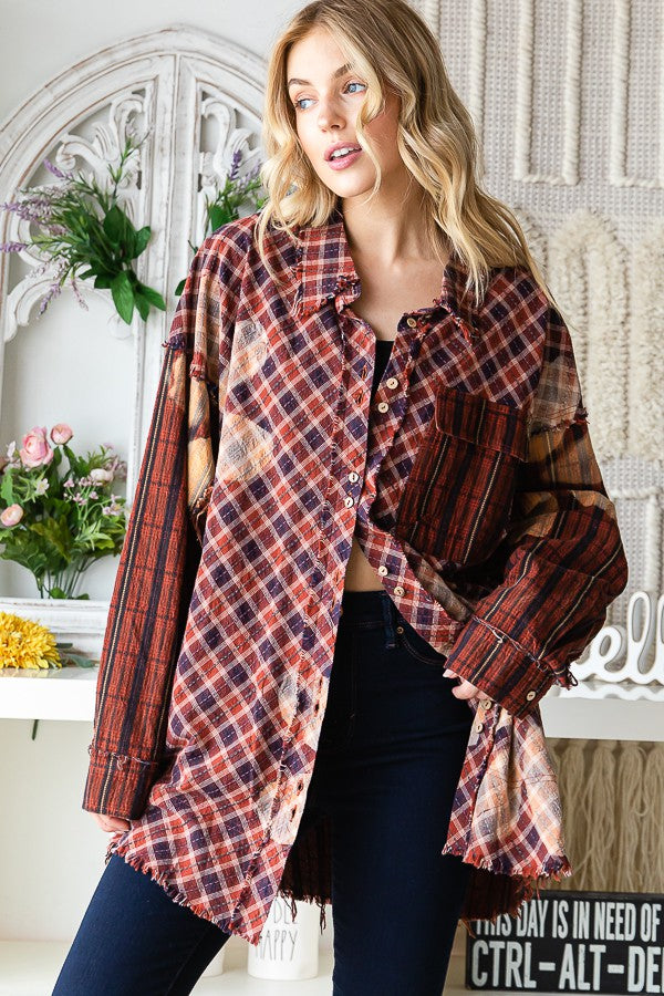 Oli & Hali Bleeched Flower Plaid Button Front Jacket