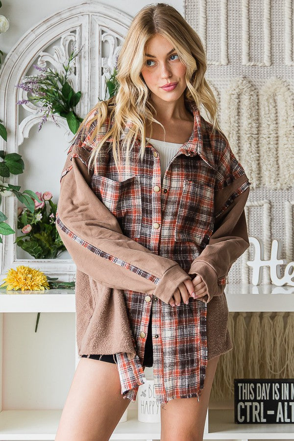 Oli & Hali Washed Plaid Terry Mix Button Front Jacket