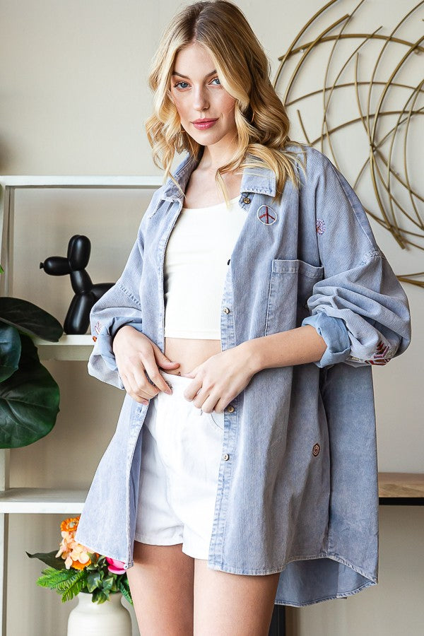 Oli & Hali Washed Embroidery Pincorduroy Shirt Top