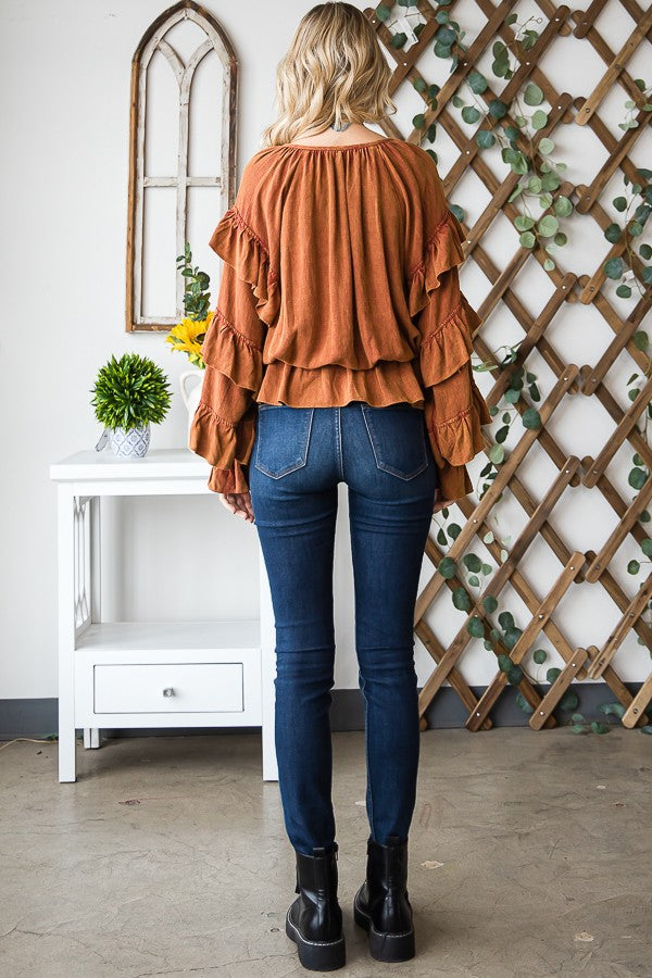 Oli & Hali Washed Ruffle Sleeve Peplum Top