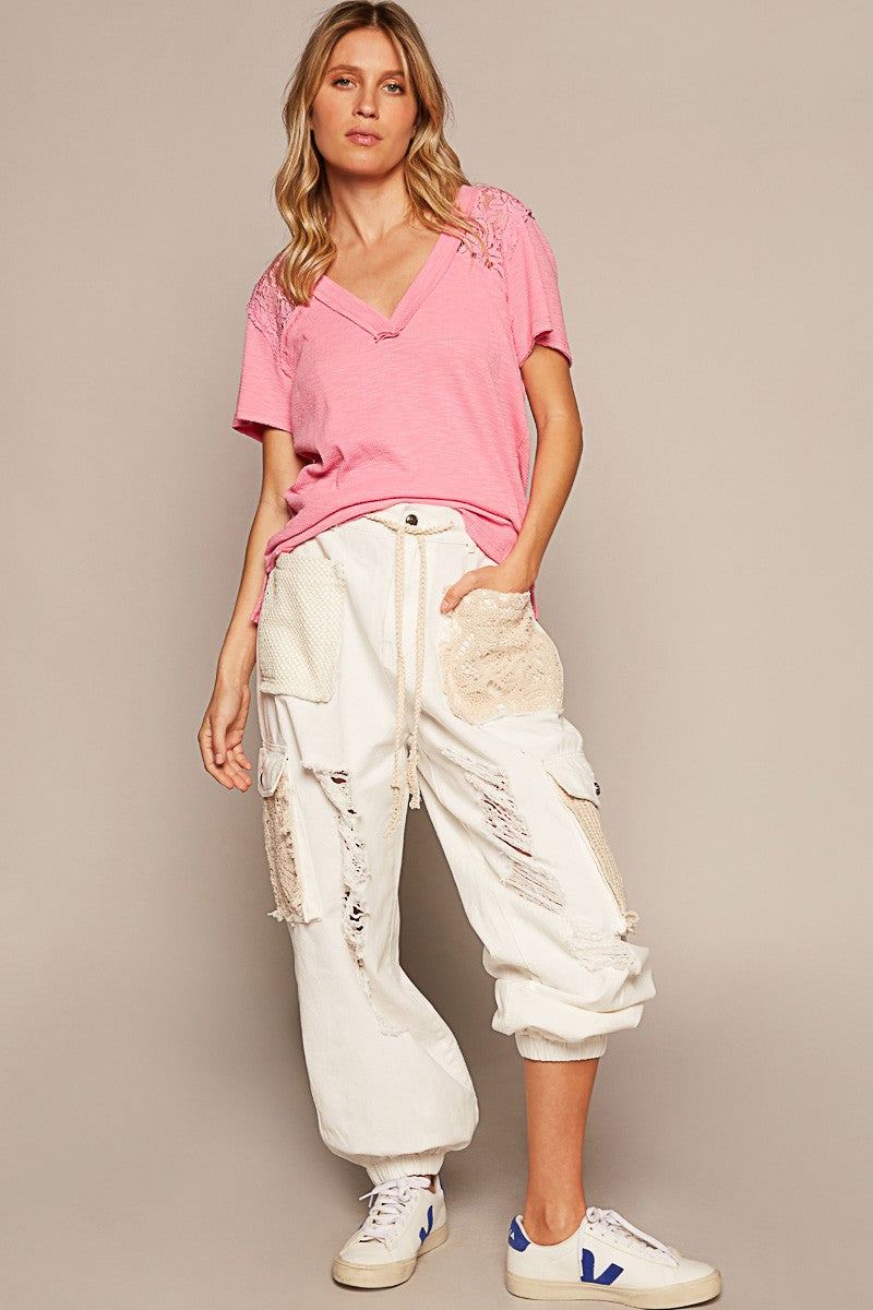 POL V Neck Short Sleeve Lace Trim Raw Edge Knit Top