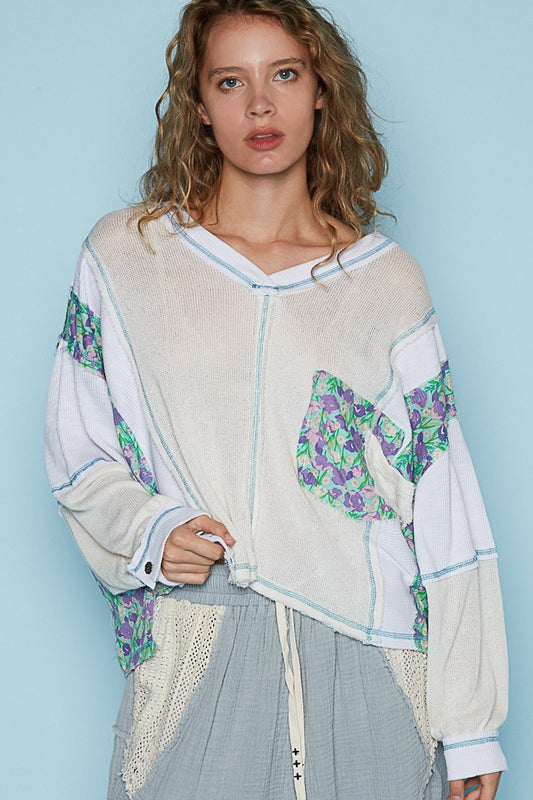 POL Oversize V-Neck Long Sleeve Print Contrast Top