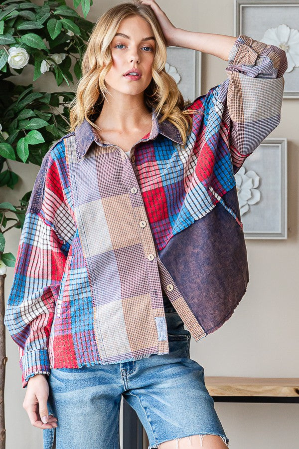 Oli & Hali Washed Plaid Mix Shirt Top