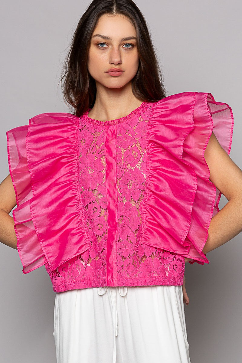 POL Sleeveless Round Neck Chiffon Ruffle Lace Top