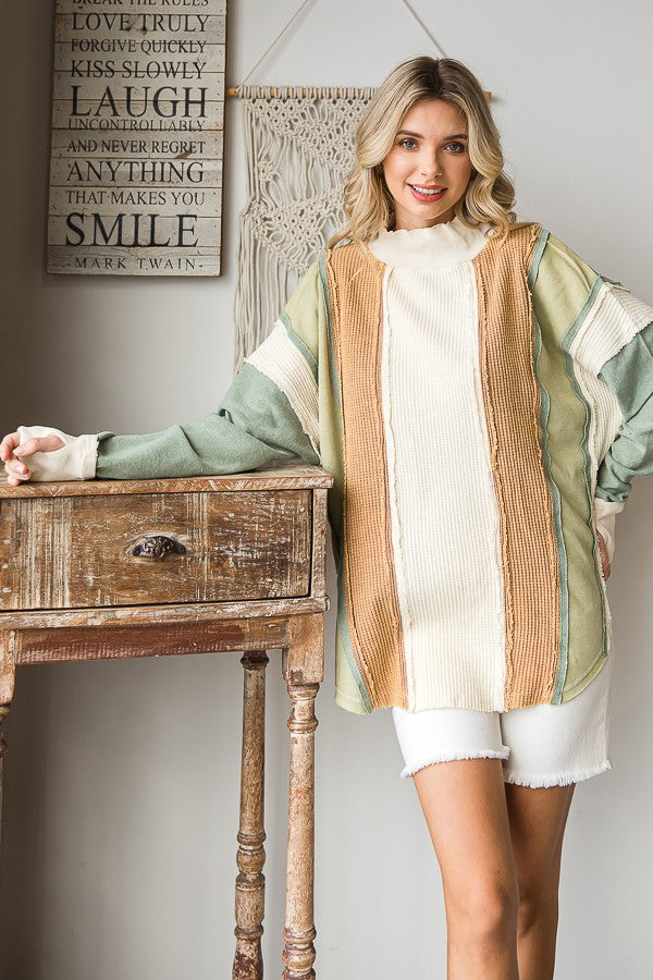 Oli & Hali Washed Fabric Mixed Long Sleeve Pullover Top