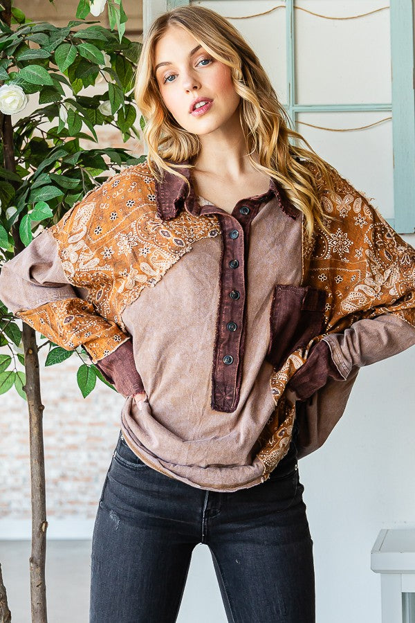 Oli & Hali Washed Fabric Mixed Long Sleeve Top