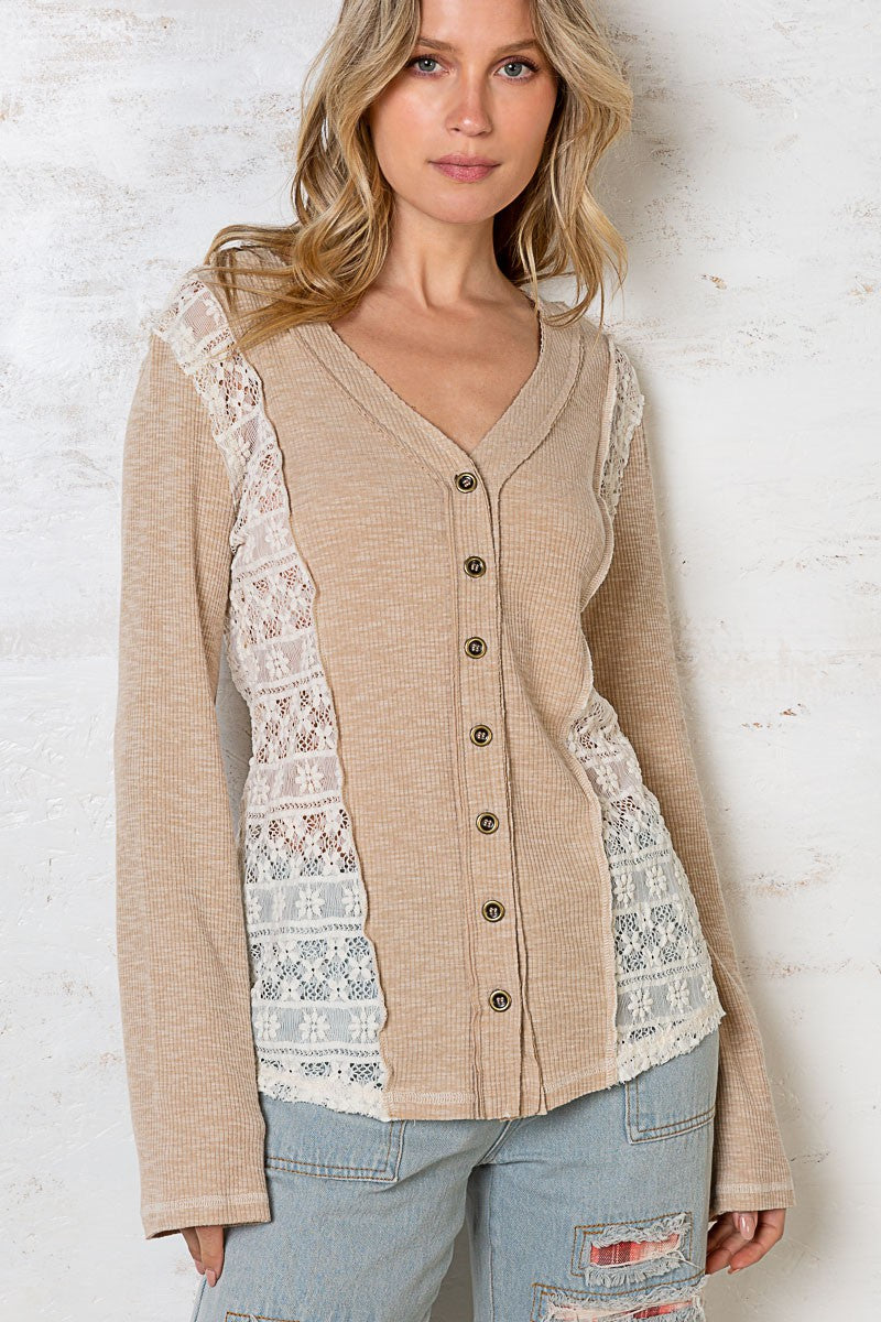 POL Ribbed Long Sleeve Button Front Contrast Lace V-Neck Lace Mix Top - Roulhac Fashion Boutique