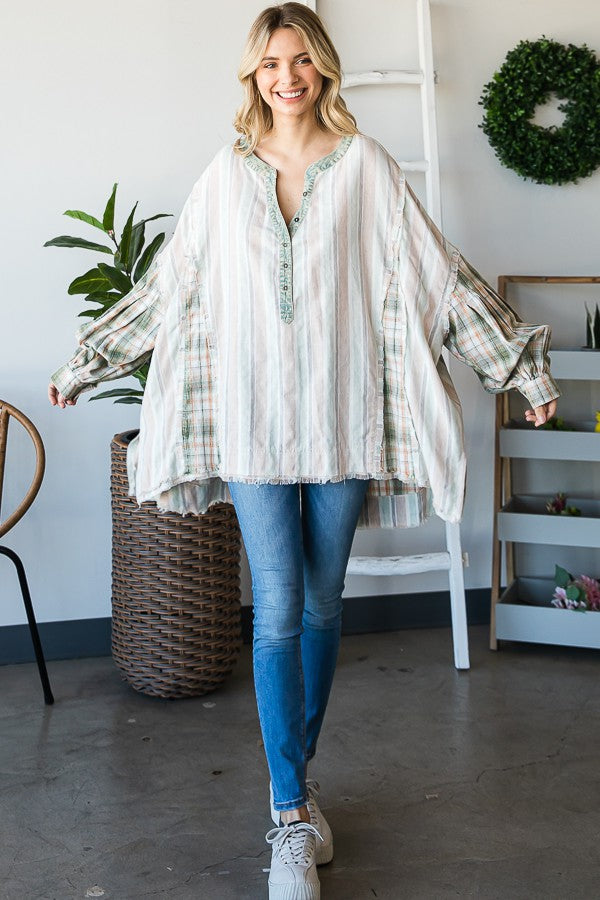 Oli & Hali Mineral Washed Fabric Mixed Henrey Top