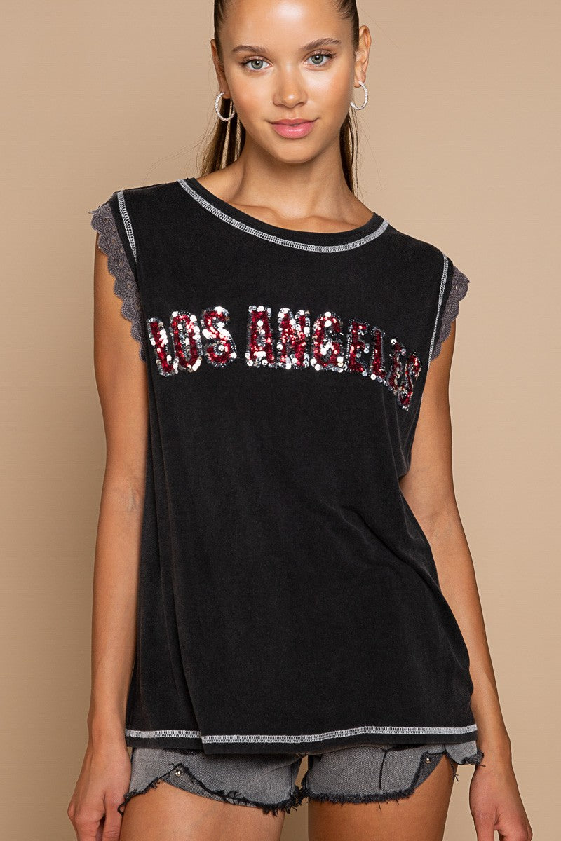 POL Colorblock Sequins Lettering Sleeveless Top