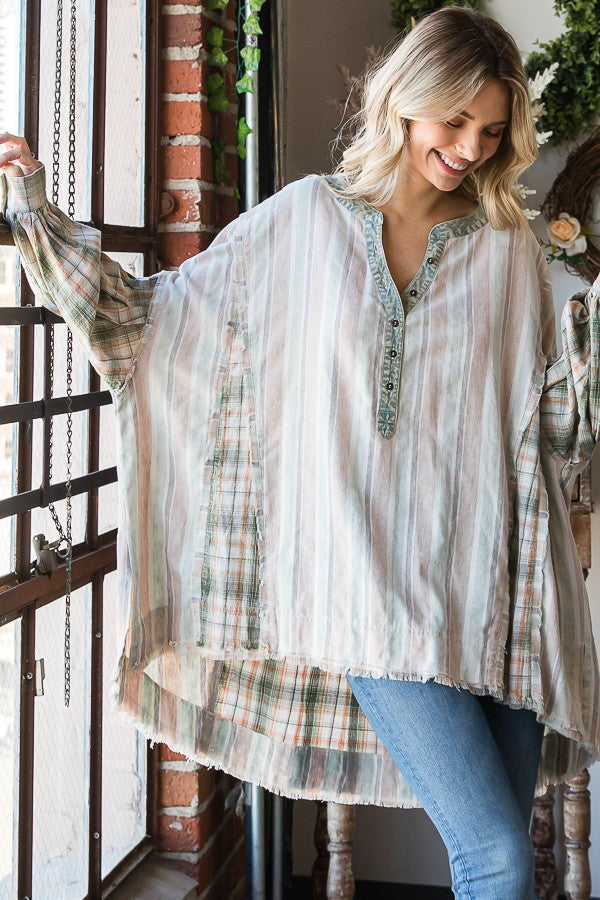 Oli & Hali Mineral Washed Fabric Mixed Henrey Top