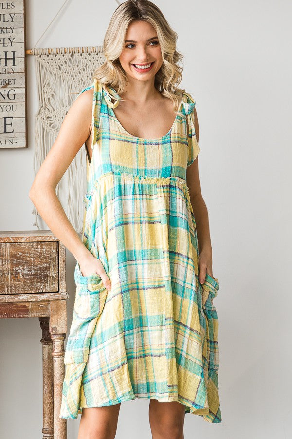 Oli & Hali Mineral Washed Plaid Baby Doll Dress