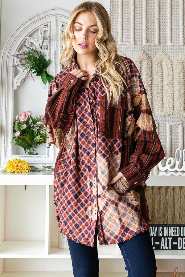 Oli & Hali Bleeched Flower Plaid Button Front Jacket