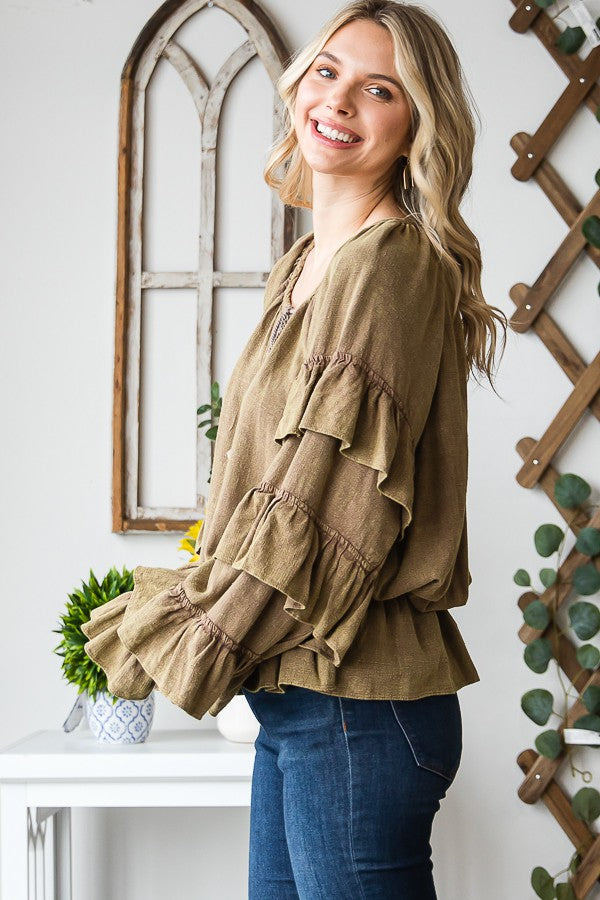 Oli & Hali Washed Ruffle Sleeve Peplum Top