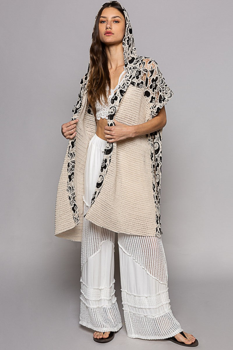 POL Sleeveless Crochet Floral Pattern Hoodie Open Kimono Top