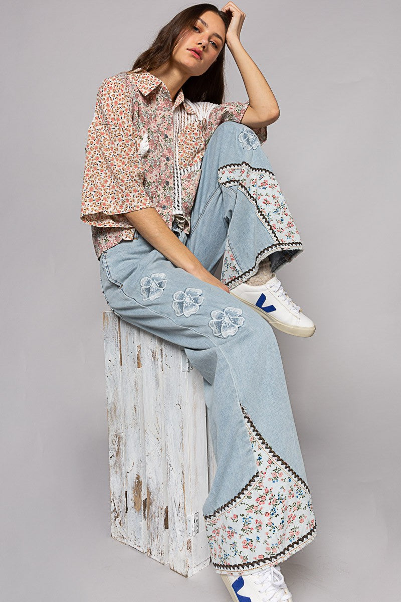 POL Short Sleeve Woven Print Crochet Mixed Shirt Top