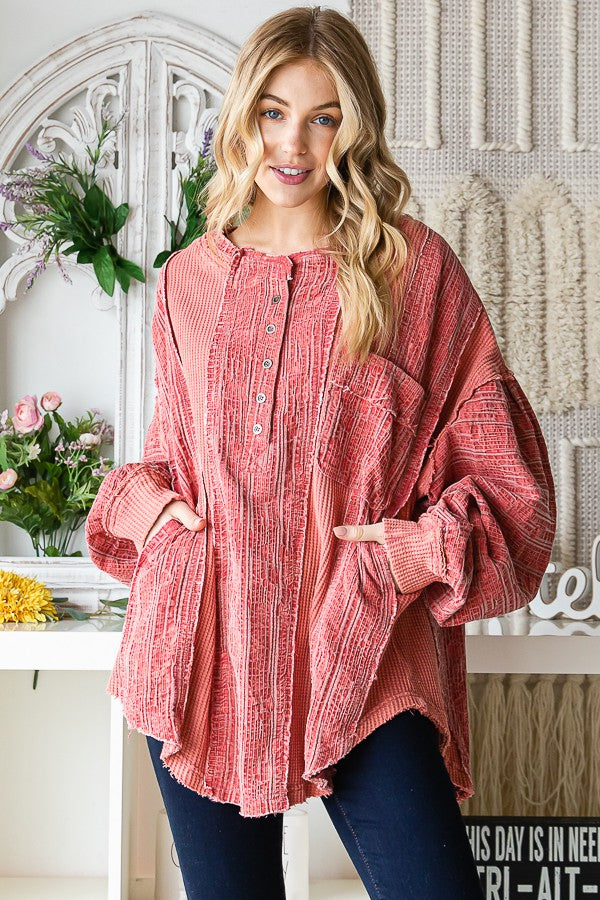 Oli & Hali Washed Fabric Mix Mandarin Collar Top