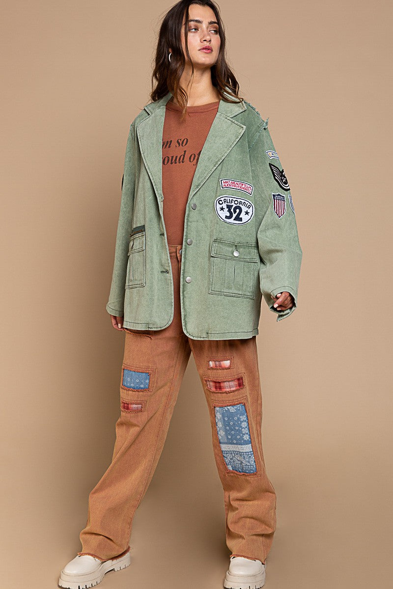 POL Vintage Patch Detail Military Raw Edge Seam Blazer Jacket