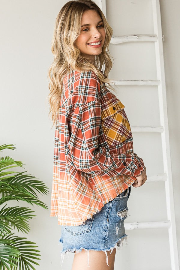 Oli & Hali Plaid Tie Breach Washed-Shirts-Button Closure Top