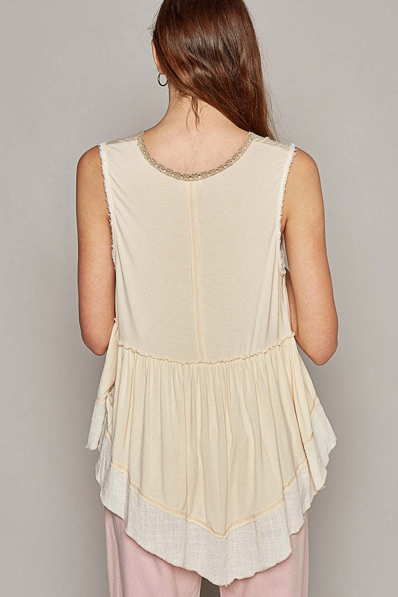 POL Overlay Neck Sleeveless Lace Trim Solid Knit Top