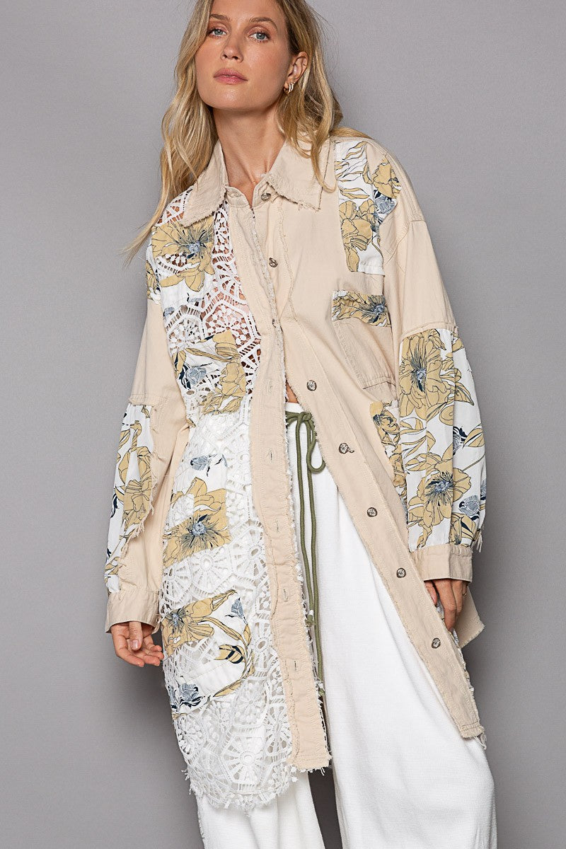 POL Oversize Crochet Lace With Floral Print Patch Jack Jacket - Roulhac Fashion Boutique