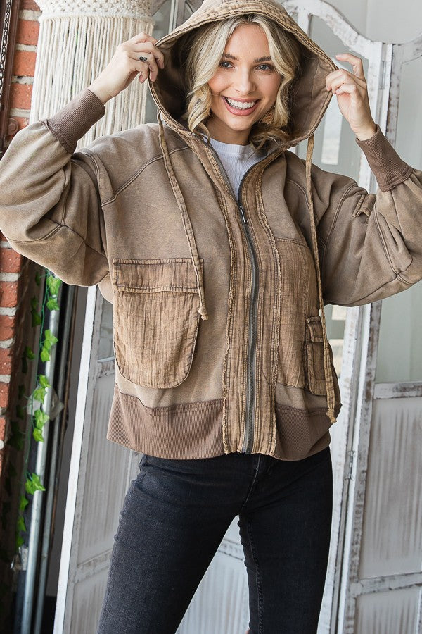 Oli & Hali Mineral Washed Cargo Pockets Hoodie Jacket