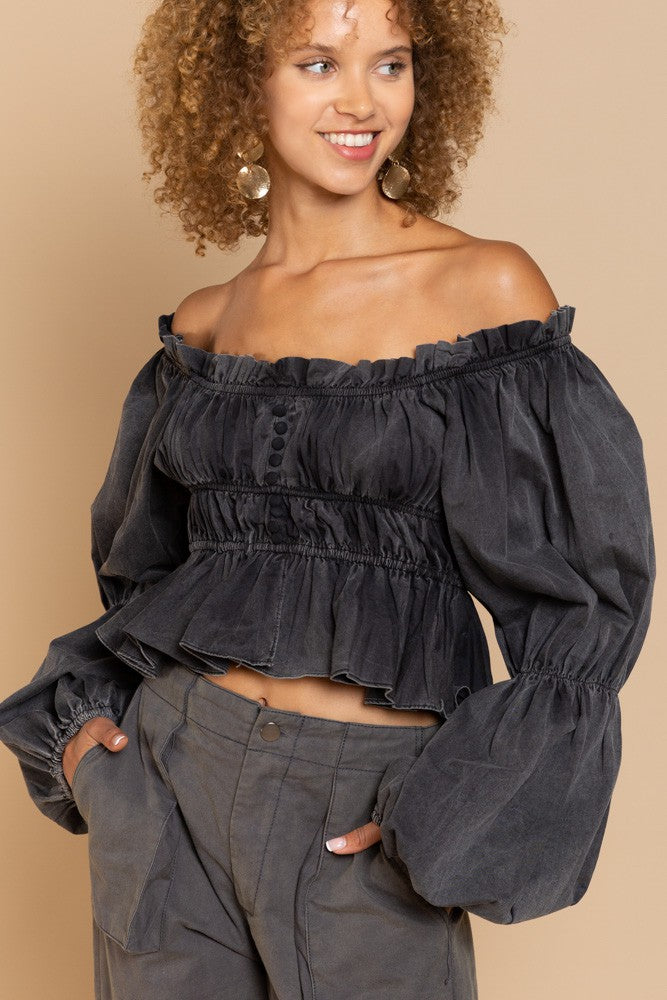 POL Off-shoulder Crop Length Long Sleeve Poplin Ruffled Top