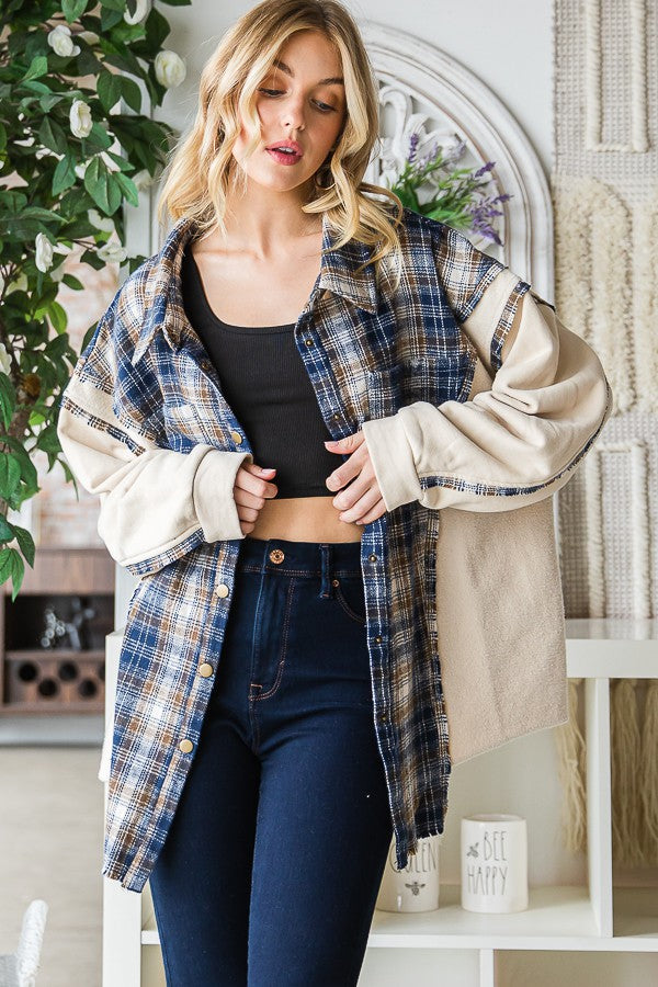 Oli & Hali Washed Plaid Terry Mix Button Front Jacket