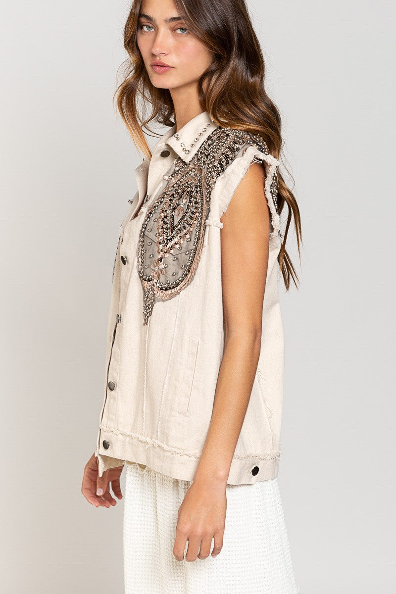 POL Stud Detailed Denim Frayed Edge Collar Vest Jacket