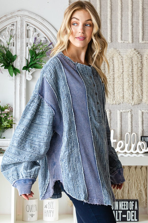 Oli & Hali Washed Fabric Mix Mandarin Collar Top