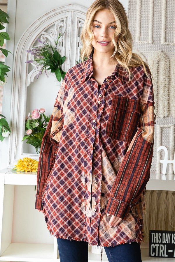 Oli & Hali Bleeched Flower Plaid Button Front Jacket