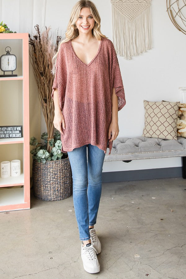 Oli & Hali Low Gauge Loose Fit Solid Knit V Neck Top